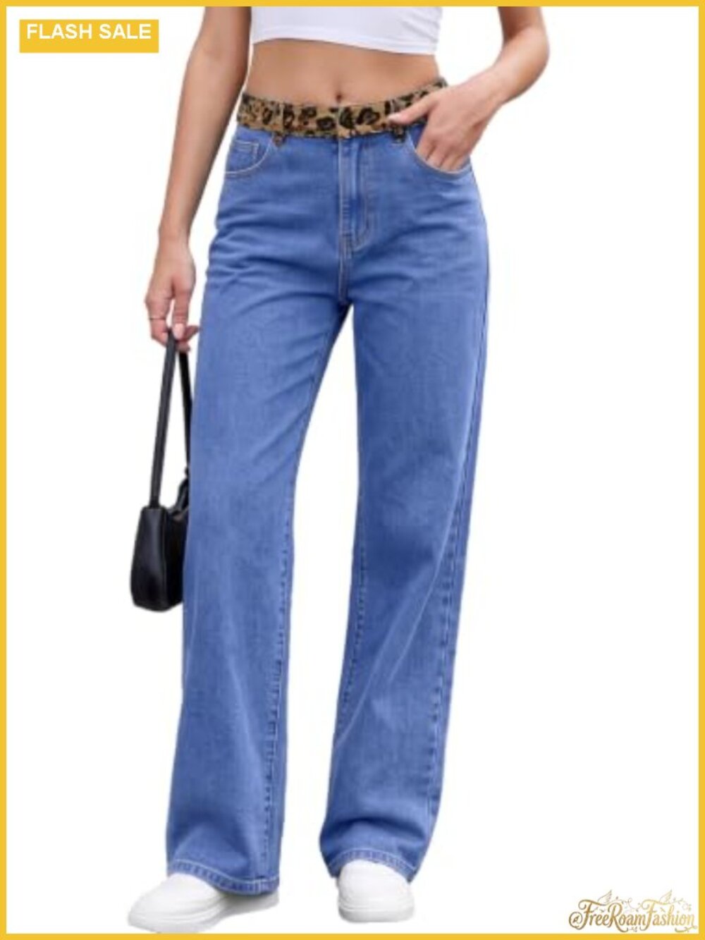 Wide Leg Jeans Women Mid-Low Rise Leopard Waist Stretchy Denim Pants
